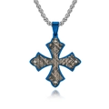 Collar de cruz con marco azul e inserción texturizada marrón en cadena de acero - Estilo de Colgante Único Con Patrón Azul