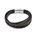 Handcrafted triple-layer leather bracelet in brown and black with golden studs and silver clasp - Gold Beads