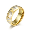 Men's gold-plated stainless steel wide ring featuring white geometric shell inlays - US 7 / Gold