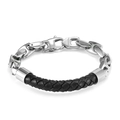 Herrenarmband aus silbernen Kaffeebohnen-Gliedern und schwarzem geflochtenem Leder mit Verschluss - Schwarz