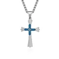 Colgante de cruz para hombre en acero inoxidable plateado con detalle azul y cristales - Colgante plata y azul con cadena box plateada