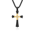 Colgante de cruz para hombre en negro y oro con circonitas y cadena de acero titanio - Colgante Negro y Oro Con Cadena de Perlas Negra