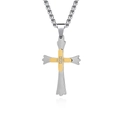 Colgante de doble cruz de acero de titanio con circonitas y cadena de caja pulida - Colgante de Acero y Oro Con Cadena de Perlas de Acero