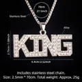 Collar hip hop plateado con colgante KING de cristales y cadena de acero fino - Strass KING (Cadena de Acero 70cm)