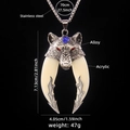 Collana retrò in acciaio inossidabile con testa di lupo e zanne in acrilico bianco - Grande Doppia Zanna di Lupo / Catena in Acciaio 70cm