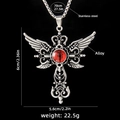 Gothic Flügel Kreuz Halskette mit rotem Stein und 70cm Edelstahlkette für Herren - Böser Blick Kreuz (Rot) + 70cm Stahlkette