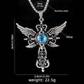 Gotischer Engelsflügel Kreuzanhänger mit blauem Auge an langer Edelstahlkette - Böser Blick Kreuz (Blau) + 70cm Stahlkette
