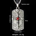 Hip hop stainless steel necklace with red stone cross square pendant in silver finish - Silver