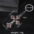 Vintage silver alloy cross keychain with red rhinestones and rustic carved details - Style 136 / Vintage Silver Red Rhinestone