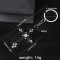 Black alloy flower cross keychain with rhinestones and detailed dimension marking - Vintage Black White Rhinestone