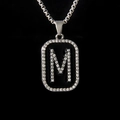 Silver square letter M pendant necklace with black enamel and sparkling rhinestones - Letter M