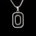 Polished stainless steel letter O necklace with black enamel and rhinestone pavé square pendant - Letter O