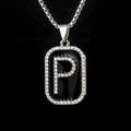 Silver square letter P pendant necklace with black enamel and sparkling crystals - Letter P
