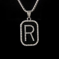 Hip hop style silver stainless steel rectangle pendant necklace with black enamel letter R - Letter R
