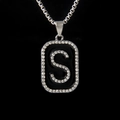 Silver stainless steel box chain necklace with black enamel letter S rhinestone pendant - Letter S
