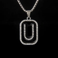 Black enamel rectangular necklace with silver letter U pendant and sparkling rhinestones - Letter U