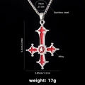 Gothic inverted cross necklace with red enamel and pentagram on stainless steel box chain - Red (Style 213)