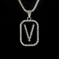 Iced out silver square pendant necklace with black oil finish and rhinestone letter V - Letter V