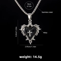 Collana a cuore gotica in smalto nero con ciondolo a croce e spine in acciaio inossidabile - Croce Cuore Nero Rosa Spine / Catena in Acciaio 70cm