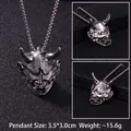 Collar con colgante de máscara de demonio plateado estilo punk con grabados y cadena de caja - Máscara de demonio Hannya (Con cadena de acero inoxidable de 70 cm)