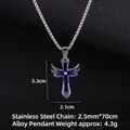 Collier vintage en acier inoxydable avec pendentif croix bleue et ailes d'ange - Chaîne en Acier 70cm / Croix Ailes Bleue (N° 55)