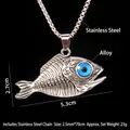 Collar punk retro con colgante de espina de pescado y ojo turco azul en acero inox - Estilo Pez con Ojo Azul