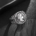 Vintage Roman Empire Caesar coin signet ring in polished stainless steel for men - Vintage Steel Silver