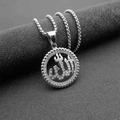 Pendentif Allah rond argenté serti de strass blancs brillants avec chaîne à maillons - Pendentif Seul (Sans Chaîne) (Couleur Acier)