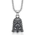Stainless steel skull biker guardian bell pendant with vintage silver punk engraving - Steel Color Bell