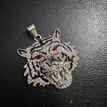 Macro detail of iced-out tiger head pendant with red eye accents on black leather - Silver Tone Red Eye Pendant Only (Without Chain)
