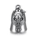 Retro Edelstahl Motorradglocke mit Totenkopf und Flügeln als Biker-Schutzglocke - Vintage Stahlsilber