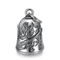 Stainless steel guardian bell with guitar and music note relief carvings on white backdrop - Vintage Steel Silver