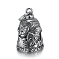Stainless steel angel skull motorcycle bell pendant with Angels Can Fly engraving - Angel Skull Bell Pendant / Vintage Steel Silver