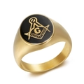 Anello da uomo in acciaio al titanio dorato con simbolo massonico e smalto nero - US 7 / Oro