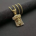 Collana con ciondolo testa di Gesù dorata con strass scintillanti su base in pelle - Solo ciondolo dorato