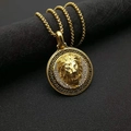 Hip hop gold plated lion head pendant necklace with round medallion and pave crystals - Gold Rubbed Black Single Pendant