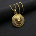 Luxury hip hop lion head pendant necklace in gold-plated steel with sparkling crystal halo - Gold Pendant Only