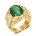 Hip hop gold plated stainless steel ring with green cat eye stone and eagle relief - US 7 / Gold Green Stone