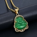 Collana con ciondolo Buddha ridente dorato, opale verde e pavé di cristalli lucidi - Pendaglio Buddha Verde Dorato Solo