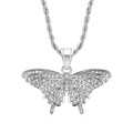 Macro shot of silver butterfly pendant with white pavé crystals on a rope chain - Pendant Only (Without Chain) Silver