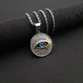 Hip hop evil eye pendant necklace with blue eye and gold lashes on rope chain - Two-tone Single Pendant