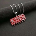 Collier pendentif KING hip hop avec effet gouttes d'huile rouge et strass brillants - Pendentif Lettre KING Argent avec Émail Dégoulinant / Argent