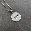 Macro shot of silver plated evil eye pendant necklace with micro pave zircons and box chain - Pendant Only (DZ305B) / Steel Color Green Enamel Pendant Only