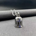 Detail of vintage steel motorcycle guardian bell with blue cross and wing engraving - Retro Silver (Blue Enamel Cross)