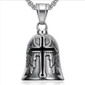Detailed view of vintage steel biker lucky bell with gothic cross and angel wings - Retro Silver (Black Enamel Cross)