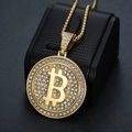 Macro shot of gold-plated Bitcoin pendant with paved rhinestones on black display - Gold Pendant Only