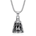 Polished stainless steel Route 66 motorcycle rider bell pendant with heavy curb chain - Retro Steel Color Bell
