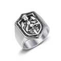Vintage stainless steel signet ring for men featuring a medieval knight shield relief - US 7 / Vintage Steel Silver
