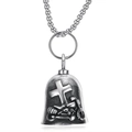 Retro stainless steel punk biker bell pendant with cross and motorcycle engraving - Single Bell with Key Ring / Vintage Steel Silver