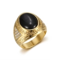 Hip-Hop Ring aus vergoldetem Edelstahl mit schwarzem Stein und griechischem Muster - US 7 / Gold Schwarzer Stein